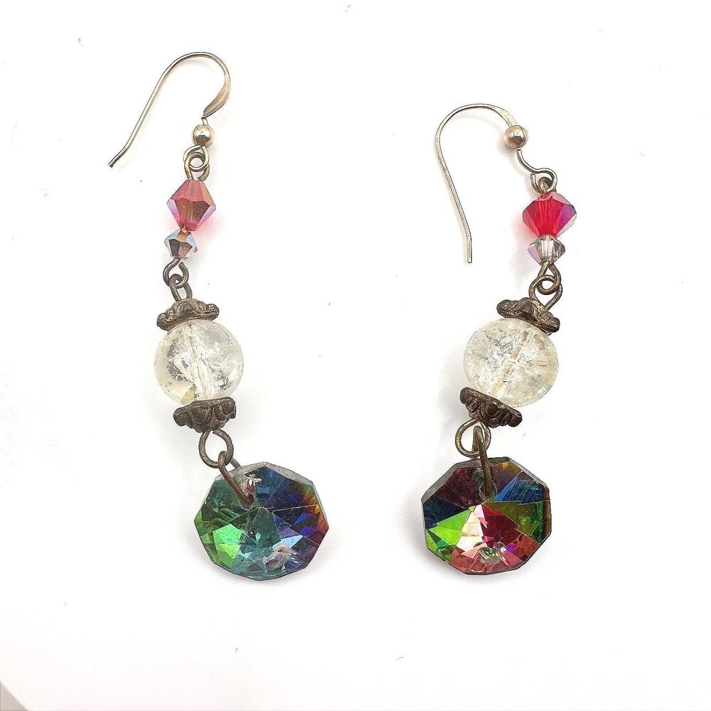 Vintage 80s Crystal AB Aurora Borealis Gold Tone Dangle Drop Earrings Jewelry